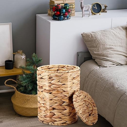 Ctosree 3.8 Gallons Large Wicker Trash Can with Lid Handle Woven Wicker Rattan Bathroom Waste Basket Boho Trash Basket with 100 Plastic Garbage Bags for Bedroom Office Laundry (Classic Style, Nautral)