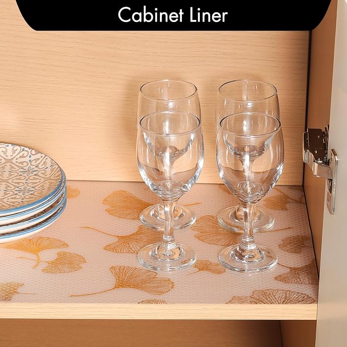 Cooyes Shelf Liner, Non Adhesive Drawer and Cabinet Liner, EVA Washable Oil-Proof Shelf Paper for Kitchen Cabinets, Refrigerator, Storage, Desks with Modern Pattern （Gold Ginkgo，11.8" W x 236" L）