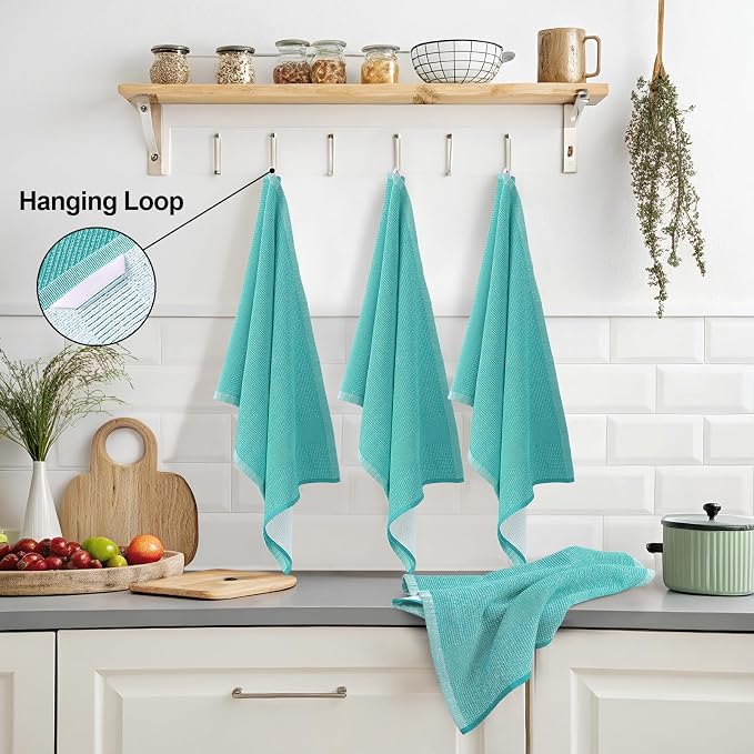 Mordimy Premium Kitchen Towels 8 Pack (18 x 28 Inches, Teal), Large Cotton Kitchen Hand Towel, Flat & Terry Dish Towels for Drying Dishes, Super Absorbent Tea Dishtowels Set with Hanging Loop