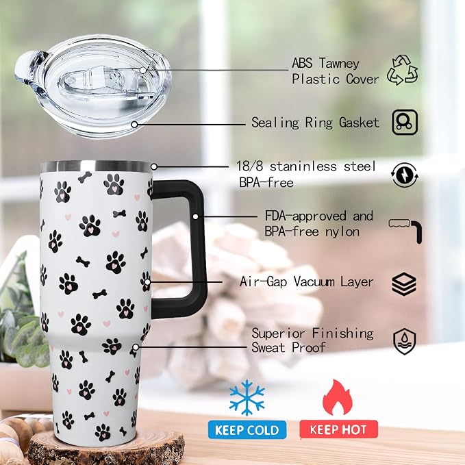 40oz Dog Paw Flip Tumbler with Handle & Straw, Vacuum Insulated Stainless Steel Flip Top Water Bottle, Cute Dog Paw Print Travel Mug, Dog Lover Gifts for Women, Pet Themed Tumbler for Car Cup Holder