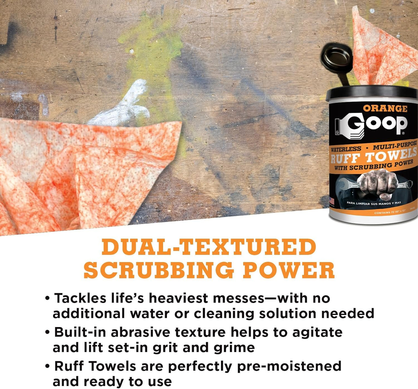 GOOP Orange Heavy Duty Ruff Towels with Scrubbing Power, 10” x 12” Dual Textured Multi-Purpose Cleaning Wipes, Removes Dirt, Grease, Oil, 72 Count