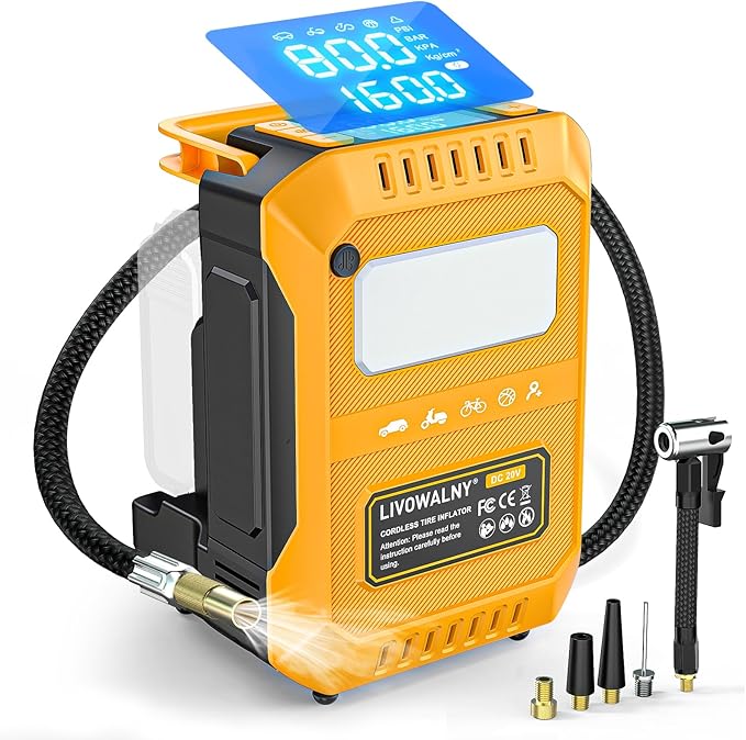 5X Faster Tire Inflator Air Compressor, LIVOWALNY 160PSI Cordless Air Pump Compatible with Dewalt 20V Battery with Digital Pressure Gauge, Deflator & Auto Shut-Off for Car, Motorcycle (Tool Only)