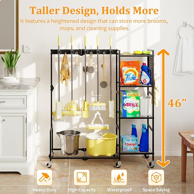 AGESISI 46" H Broom Holder with Cleaning Supplies Organizer, Mop Rack Storage with 4-Tier Shelves, 10 Gripper Clips, 4 Double-Hooks, 3 Hooks, Metal Utility Carts on Wheels for Home Essentials, Black