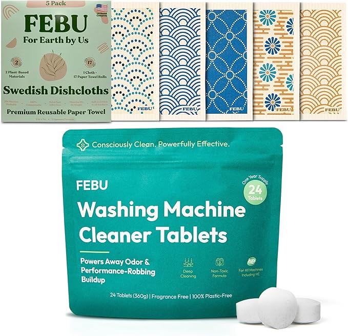FEBU Save 15% on Swedish Dishcloth + Washing Machine Cleaner Tablets | 5 Pack Japanese Reusable Paper Towels + 24ct Washer Cleaner Tablets