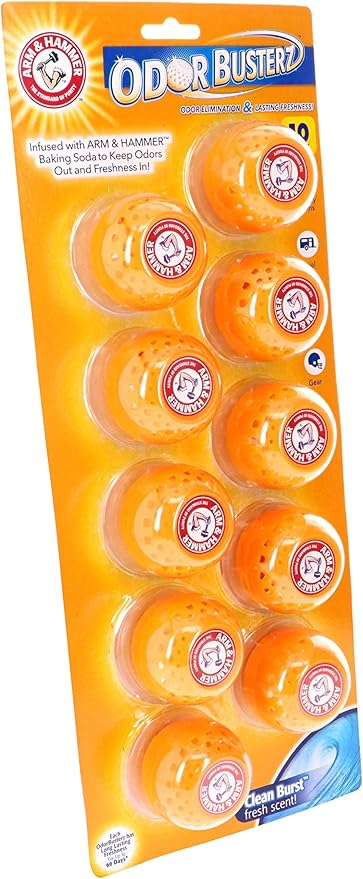 Arm & Hammer 10-Pack Odor Busterz Deodorizing Balls, 10 Count & Odor Busterz - Clip N Go, 4 Count Deodorizer Pack