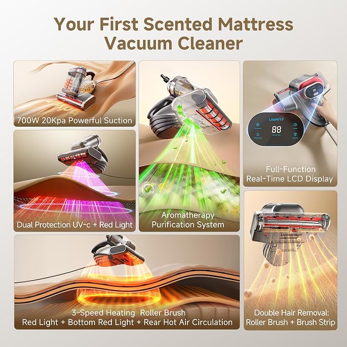 uwant Mattress Vacuum Cleaner 700W 20Kpa, Triple Deep Cleaning Bed Vacuum Cleaner, Bed Cleaner with Aromatherapy Purification, Triple Heating System HEPA Filter&Ultrasonic Mattress Vacuum Set of 1