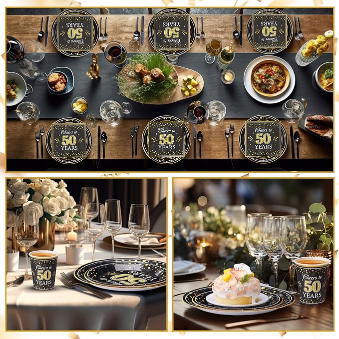 Pickmesh 250 Pcs 50th Birthday Party Supplies Decorations Serve 50 Black Gold Cheers to 50 Years Disposable Paper Plates Napkins and Cups for Women Men 50th Birthday Wedding Anniversary Party Supplies