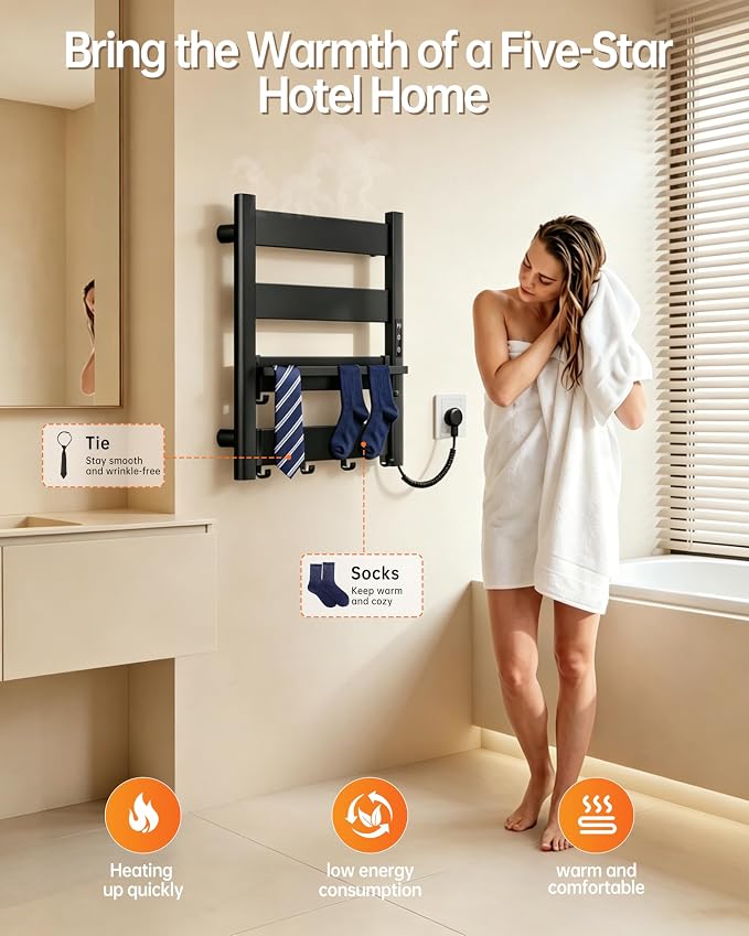 4-Bar Heated Towel Rack for Bathroom with Shelf and Hooks, Wall Mounted Plug-in Electric Towel Warmer, Fast PTC Heating in 6 Minutes, 3 Temperature Levels & 6 Timer Settings, Matte Black