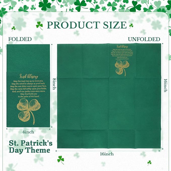 Tenceur 50 Pcs St. Patrick's Day Irish Blessing Paper Napkins 16x16'' Disposable Green Paper Napkins with Built in Flatware Pocket for Family Dinner Party Supplies Restaurants Daily Dinners