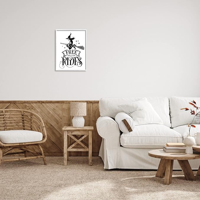 'Free Broom Rides Typography Magical Witch'| Framed Giclee Art | Stupell Industries | White, 16 x 20 Inches, Easy to Hang and Sturdy, Made in USA, by Lettered and Lined