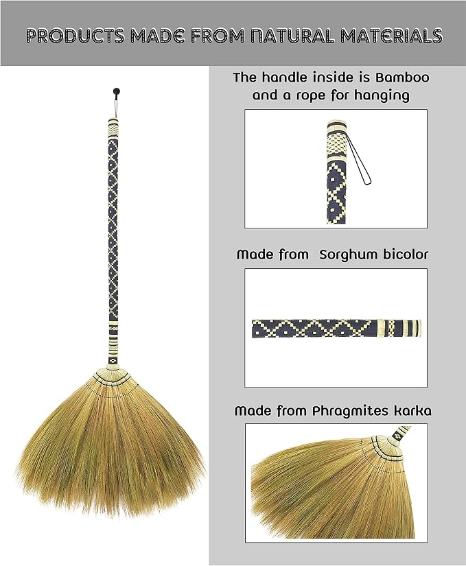 Natural Grass Broom Indoor Outdoor, Vintage Retro Embroidered Woven Nylon,Handmade Broom,Housewarming Gift Witch,Bamboo Stick Handle(Black)