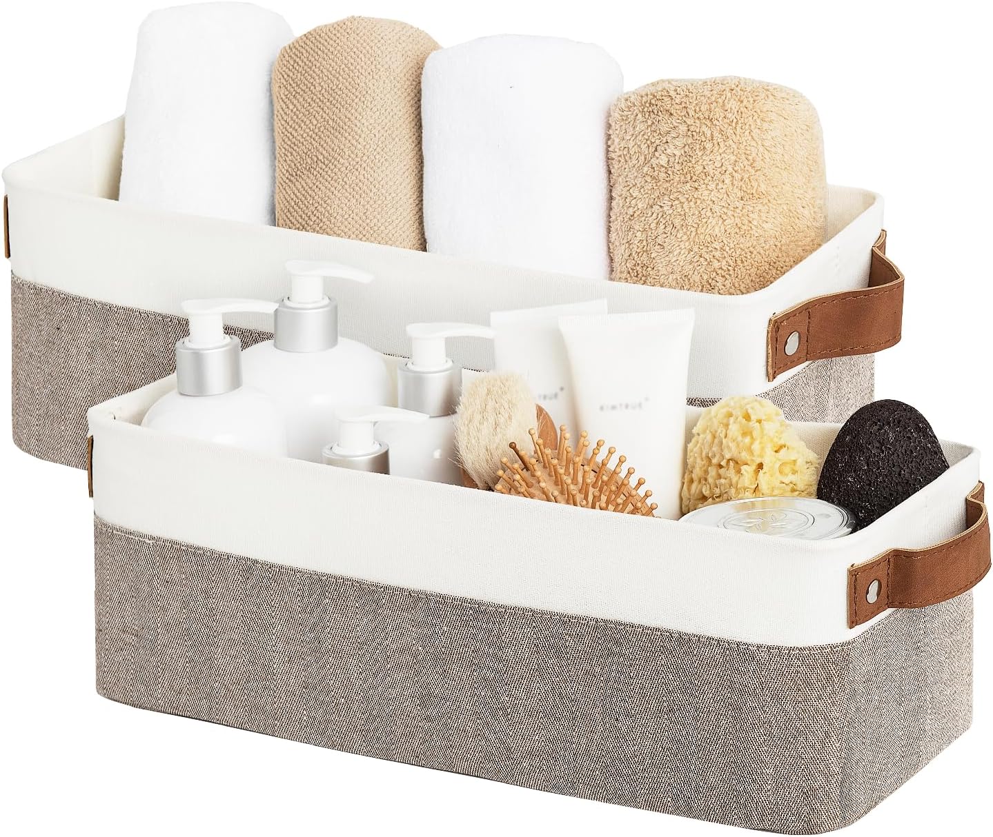 StorageWorks Narrow Storage Bins, Small Baskets for Organizing, Long Storage Basket with Handles, Fabric Storage Bins for Shelf, Brown and White, 2-Pack