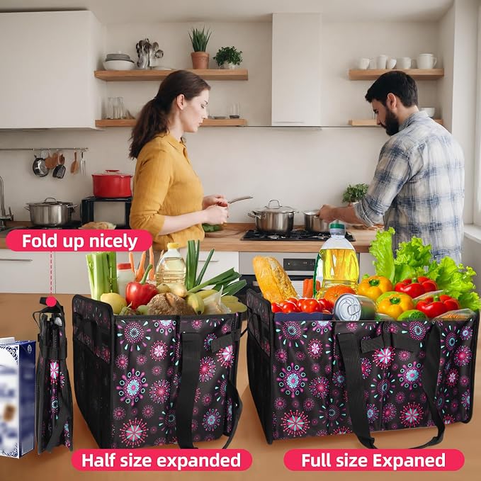 Extra Large Utility Tote Bag with Wire Frame Collapsible Reusable Grocery Bags Heavy Duty Shopping Bags for Groceries with Handles Trunk Organizer for Beach Car Picnics Camping Laundry