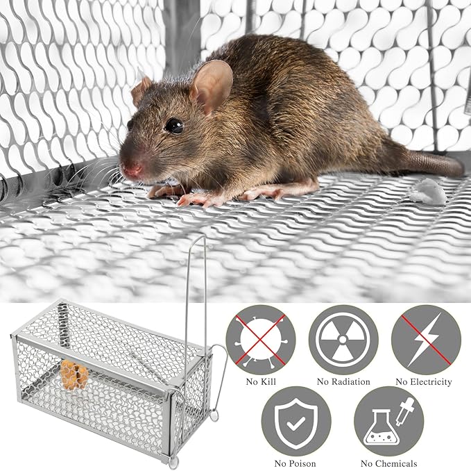 Qualirey 2 Pcs Humane Rat Trap Chipmunk Rodent Mouse Squirrel Trap 9.1 x 4.5 x 4.5 Inches Live Animal Mouse Voles Hamsters Live Cage Rat Cage for Mice Easy to Catch and Release (Silver)