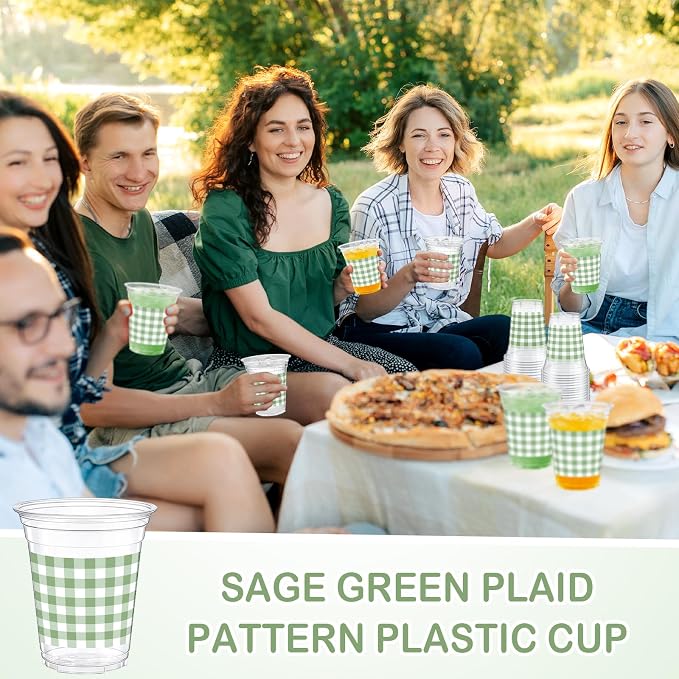 Qinyoung Checkered Plastic Cups 12oz Gingham Party Disposable Cups Bulk Drinking Cup for Cold Drinks Baby Shower Wedding Summer Birthday Party Supplies(Sage Green and White,50 Pcs)
