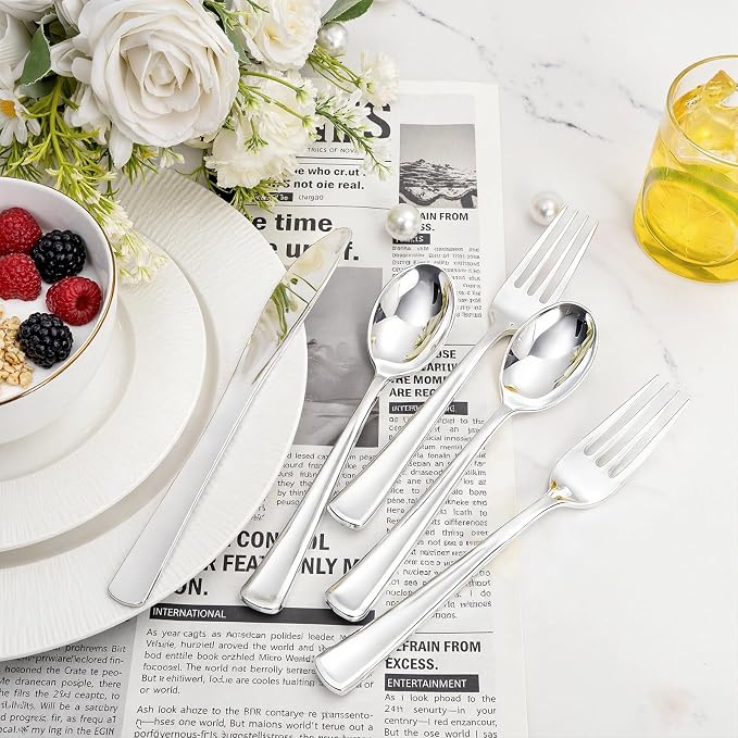 Liacere 200Pcs Silver Plastic Cutlery - Silver Plastic Silverware- Disposable Silverware - 100 Forks, 50 Spoons, 50 Knives Perfect for Wedding ＆ Party