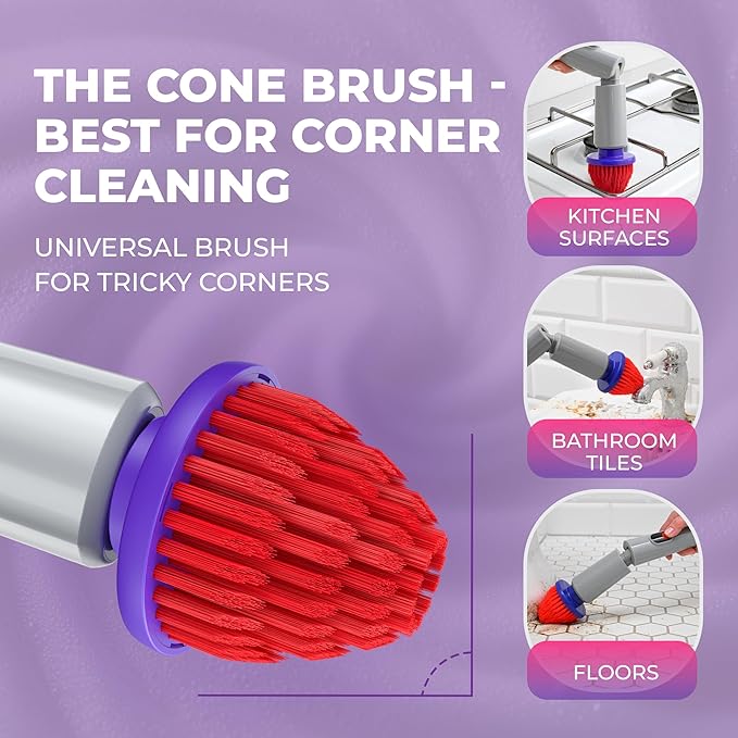 Synoshi PRO Electric Spin Scrubber Bundle – Shower Scrubber with Long Handle Extension & Cone Brush Heads – Bathroom Scrubber, Floor Scrubber & Bathtub Scrubber Electric Cleaning Tool