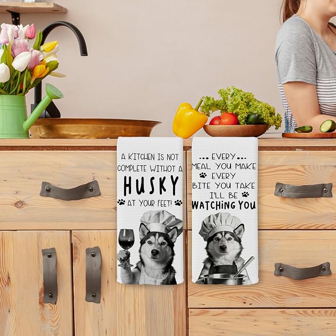 Funny Husky Dog Kitchen Towels 16x24 Inch Set of 2 | Husky Lovers Gifts for Women Men Dish Tea Towels for Kitchen, Dog Lover Mom Dad Owner Gifts Decorative Hand Towel