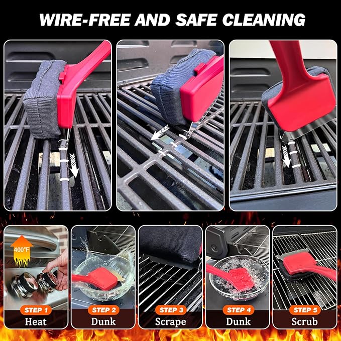Bristle Free Grill Brush for Outdoor Grill, Safe Non-Metal BBQ Grill Cleaner for Outdoor Grills & Griddles, Heat Resistant Grill Cleaning Brush Fit Weber Blackstone Traeger, Gift for Men Dad