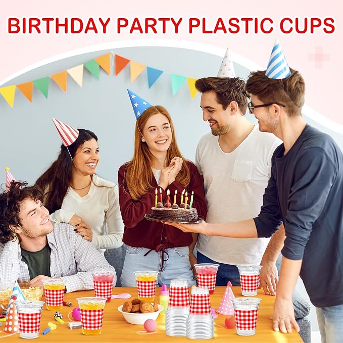 Qinyoung Checkered Plastic Cups 12oz Gingham Party Disposable Cups Bulk Drinking Cup for Cold Drinks Baby Shower Wedding Summer Birthday Party Supplies(Red and White,50 Pcs)