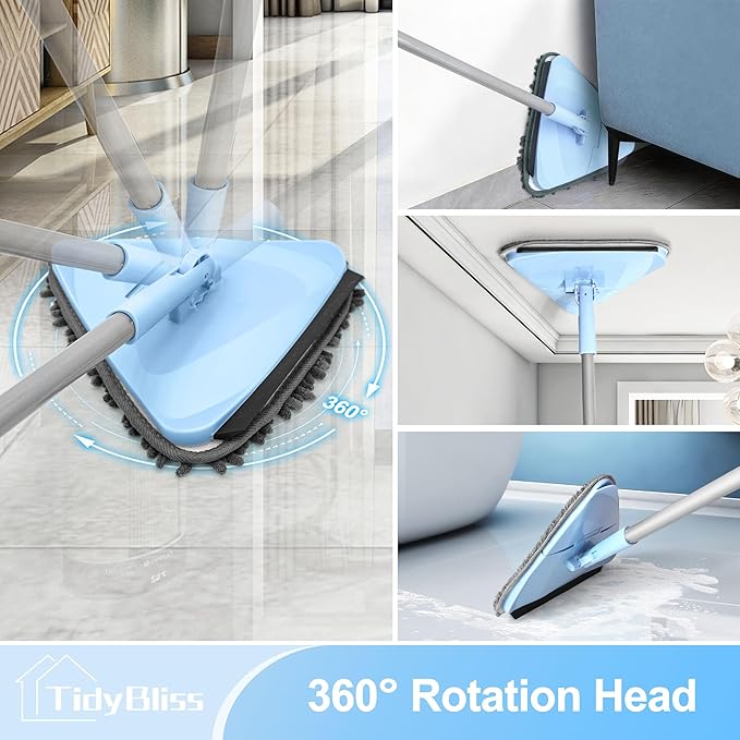 Wall Cleaner Mop with 80” Long Handle, 360° Swivel Ceiling Duster Scrubber with Collapsible Head, Baseboard Cleaning Tool with 4 Chenille and 2 Microfiber Pads for Windows Floor (Blue)