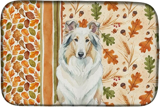 Caroline's Treasures White Collie Heirloom Fall Dish Drying Mat Absorbent Dish Drying Mat Pad for Kitchen Counter Dish Drainer Mat for Countertop, 14 x 21", Multicolor