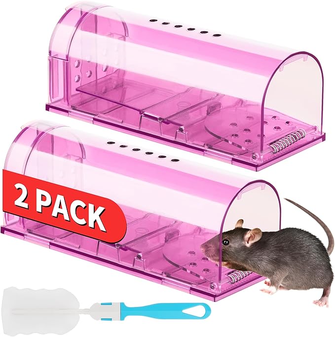 LULUCATCH Humane Mouse Traps 2 Pack | Live No Touch Catch and Release No Kill Rodent Traps | Reusable with Cleaning Brush | Pet Safe Indoor Outdoor for Mice, Rats, Chipmunks, Voles, Pink