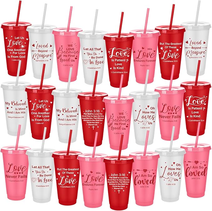 Meanplan 24 Packs Valentine's Day Christian Gift 24 oz Plastic Valentine Scripture Tumbler with Lids and Straws Jesus Bible Verse Cups Religious Church Gifts for Women Men Valentine's Party Favors