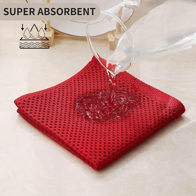Kitinjoy 100% Cotton Kitchen Dish Cloths (12 X 12 Inches, Red), 8 Pack Waffle Weave Ultra Soft Absorbent Dish Towels for Drying Dishes Quick Drying Kitchen Towels Dish Rags
