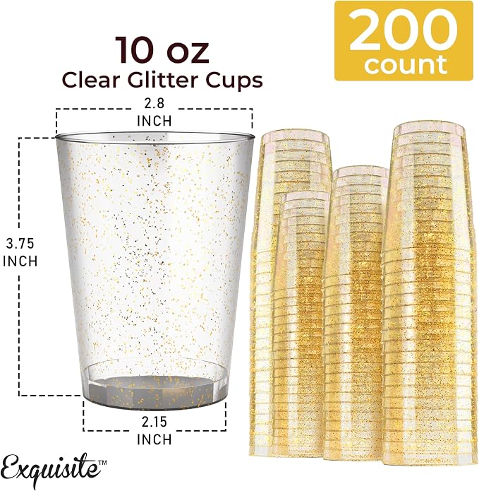 Exquisite Gold Plastic Cups Disposable, Clear Plastic Tumblers 10 Oz. 200 Ct. - Glitter Tumblers, Gold Glitter Cups Disposable For Party, Weddings, Cocktail Glasses & Wine Glasses