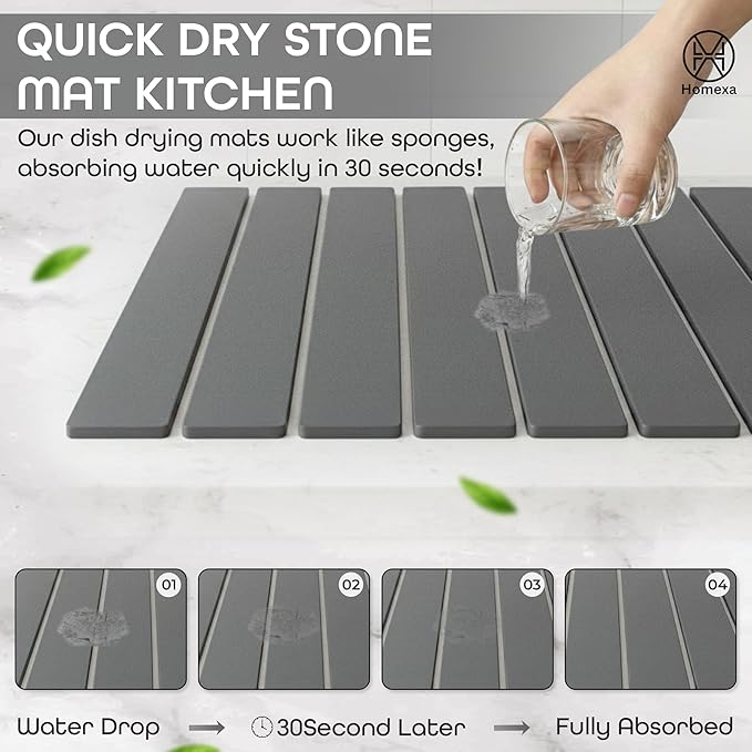 Stone Dish Drying Mat 24" x 16" – Dish Drying Stone – Large Diatomaceous Earth Drying Mat with Non-Slip Base – Quick Dry Kitchen & Bathroom Drying Pad for Dishes, Glassware & Bottles (Solid Dark Grey)