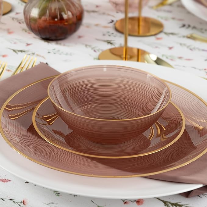 PLASTICPRO 64 Pieces Crystal Design Plastic Plates Combo Pack 32-7 inch and 32-10 inch with Gold Rim Elegant Disposable Plates, Rose Color with Gold Rim
