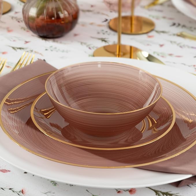PLASTICPRO 128 Pieces Crystal Design Plastic Plates Combo Pack 64-7 inch and 64-10 inch Elegant Disposable Plates, Rose Color With Gold Rim