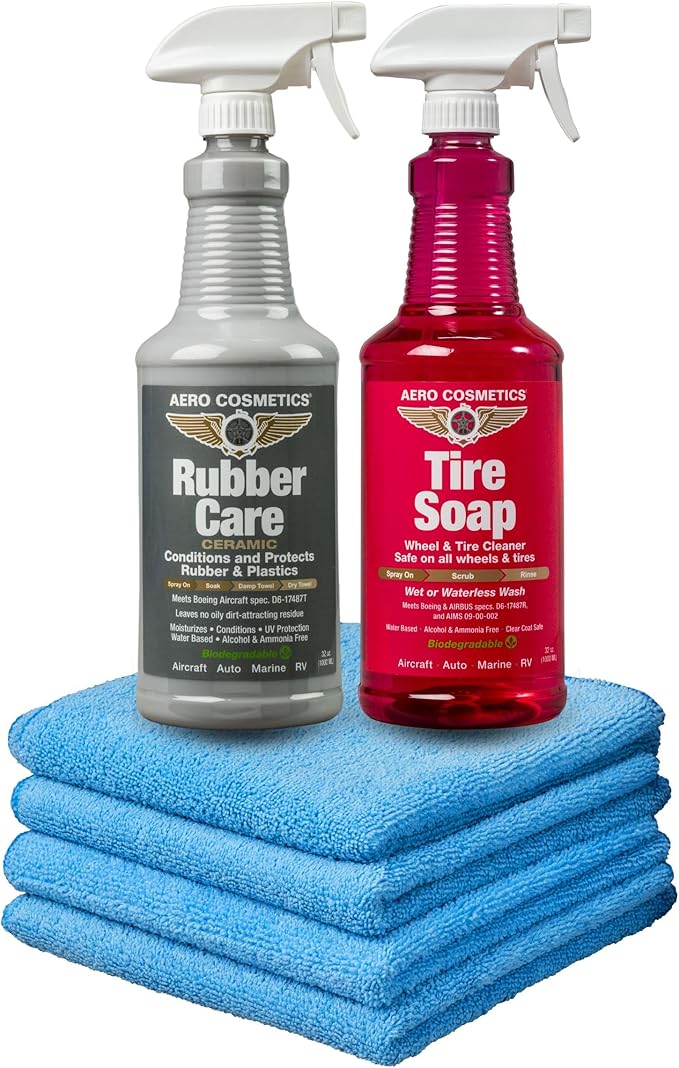 Tire Soap Degreaser, Rubber Care Tire Dressing 32oz and Microfiber Towels 4 Pack