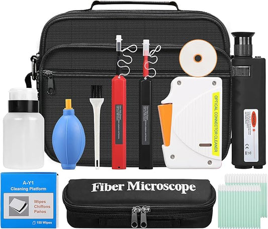 13 Piece kit Fiber Optic Cleaning Tool kit with 400x Optical Fiber Microscope Cleaner SC LC Cleaning Pen 2.5mm 1.25mm Interface Cleaning Box with Replace core Fiber Optic Cleaner kit