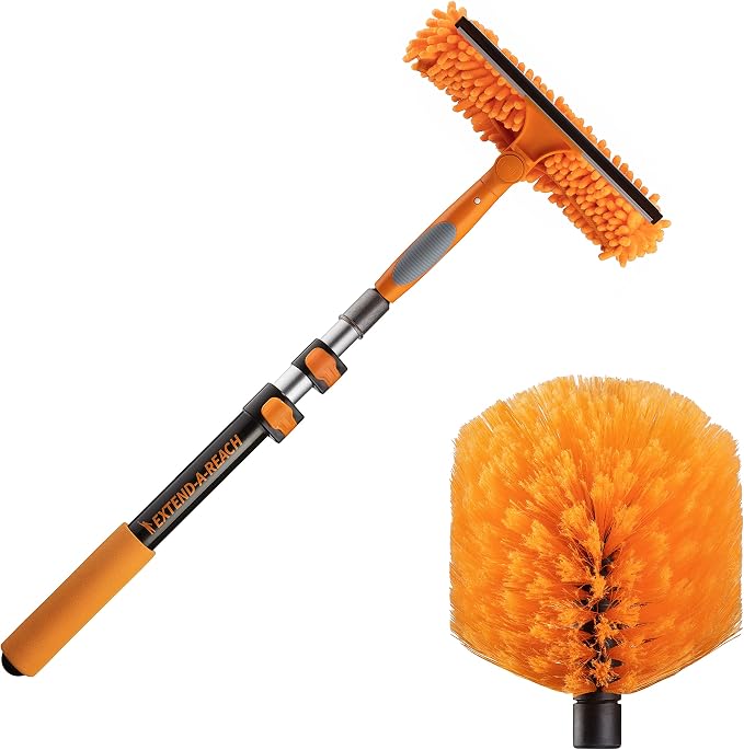 1.5-3 ft Window Squeegee with Long Handle & Cobweb Duster // Car Window Cleaner Tool & Window Squeegee with Scrubber with Telescopic Extension Pole