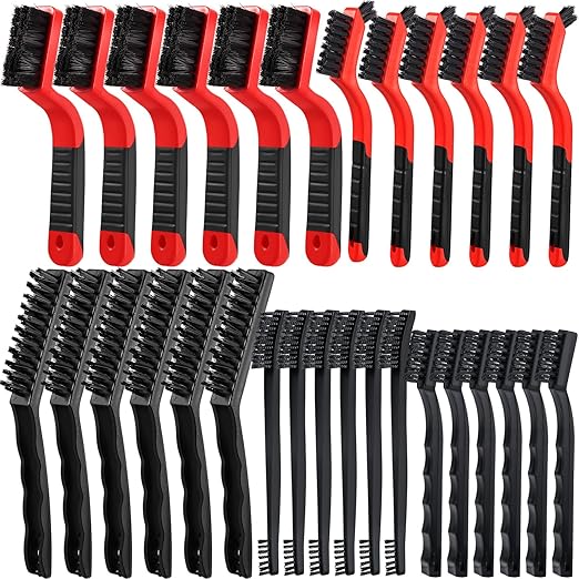 Sumind 30 Pcs Wire Cleaning Brush Set Nylon/ Stainless Steel/ Brass Metal Brush with Curved Handle Grip Paint Remover for Cleaning Rust Grout Cleaner (Nylon)