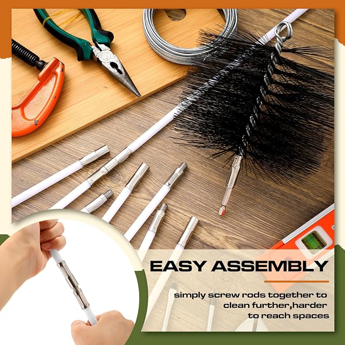 Teenyyou Wire Chimney Cleaning Brush with 1/4 Npt Fitting and 12 Rods, 6 Inch Round Steel Chimney Cleaning Brush and 16 Inch Fiberglass Rods for Hearth Fireplace(All-in-one)
