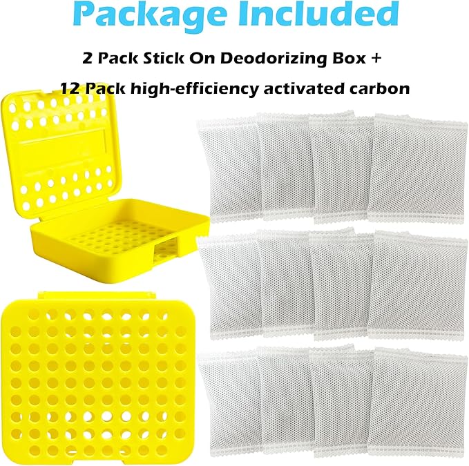 2 Pack Stick On Deodorizing Box, 12 Pack Odor Removing Refills for Trash Can, Activated Charcoal Odor Eliminator for Indoor Kitchen Trash/Diaper Pails/Wardrobe/Shoe Cabinet (Yellow)