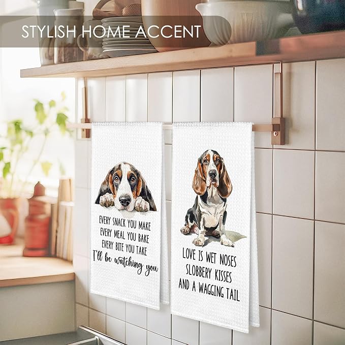 Basset Hound Kitchen Towel Gifts for Dog Lovers Decorative Set of 2, Bassett Hound Dish Towels Dishcloths Tea Towels, Basset Waffle Weave Microfiber Hand Towel for Kitchen Bathroom Decor 16x24