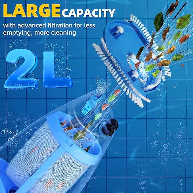 Cordless Pool Vacuum Above & Inground Pools, Powerful 1590 GPH Suction,Handheld Telescopic Pole up to 85.45", 1H Runtime, 2L Debris Bin, Rechargeable Pool Cleaner for Spas & Hot Tubs (Blue&Grey)
