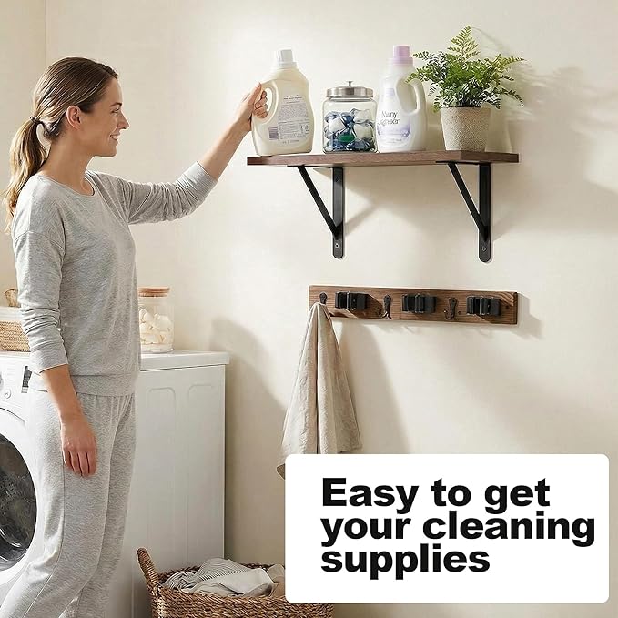 Wooden Broom Holder Wall Mount with Hooks and Shelf Mop Hangers Storage Rack with Cleaning Supplies Organizer Farmhouse Garage Laundry Room Wood Shelf (Brown, 1)