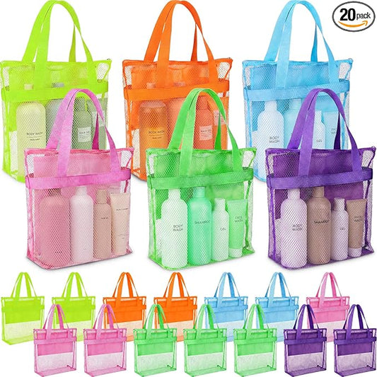 20 Pcs Mesh Shower Caddy Bags Portable Mesh Beach Bags Bulk with Zipper & 2 Pockets Hanging Toiletry and Bath Organizer for Gym Swimming Travel Camping College Dorms Beach (Fluorescent Color)