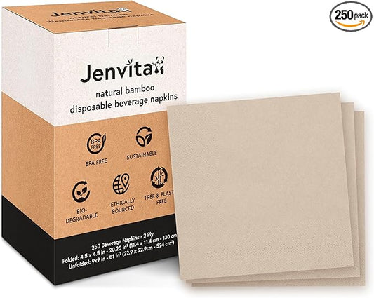 100% Bamboo Wedding Cocktail Napkins Disposable (250 Pack) | 2-Ply FSC Certified | Compostable Bar Napkins for Party, Home or Commercial Use | 4.5 x 4.5 Inch Folded | Ideal for Serving Drinks