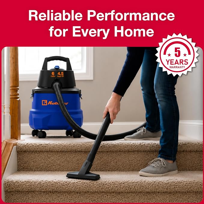 Koblenz WD-6 L212 Wet Dry Vacuum Cleaner, 6 Gallon, 4.5 PHP, 3-in-1 Suction & Blower, 16 ft Reach, Big Cleaner for Car, Shop Vacuum Wet and Dry, Swivel Casters, Black/Blue