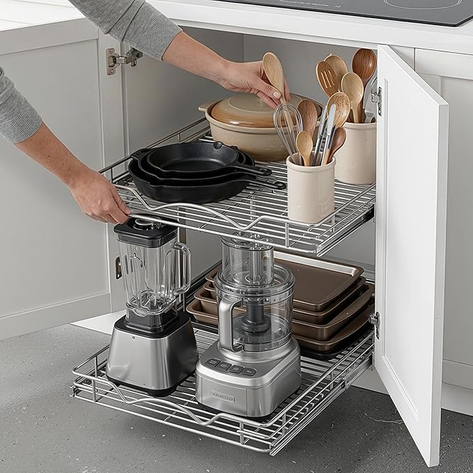 2-Tier Pull-Out Cabinet Organizer with Heavy-Duty Steel Frame, Full-Extension Sliding Shelves, Holds 100 lbs, Easy Install for Kitchen, Pantry & Under Sink Cabinets, 17" W x 21”D x 16.5" H