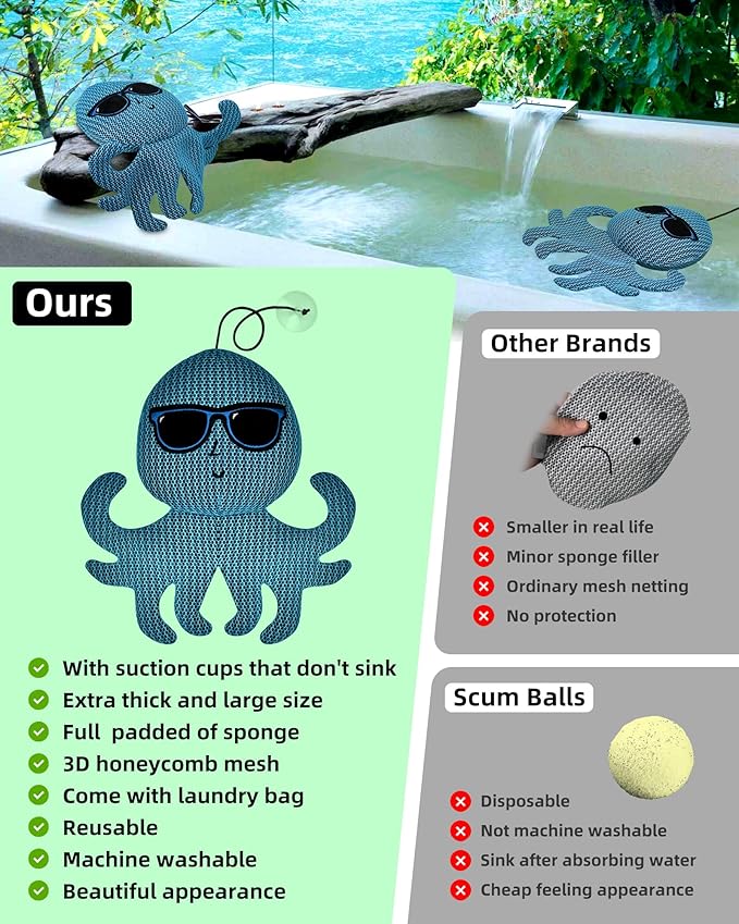 POJ 3XL Thicken Hot Tub Scum Absorber, Spa Pool Sponge Oil Scum Rays Bugs Absorber for Hot Tub, Must Have Hot Tub Accessories for Adults(Octopus 2 PCS)