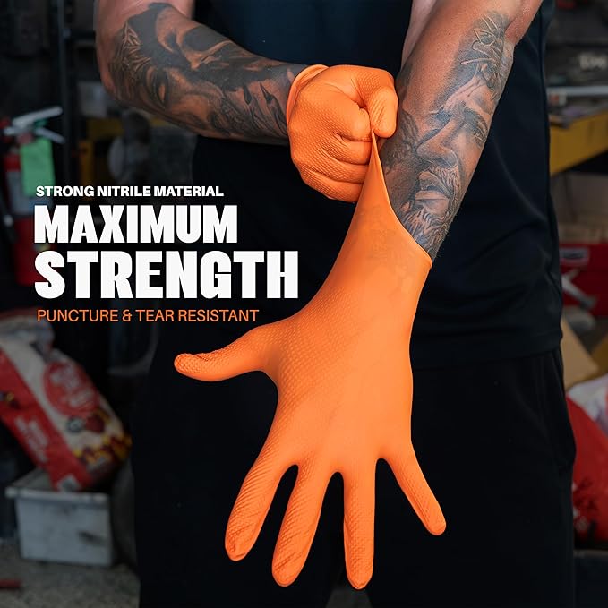 GRIPXX Herkules Grip Heavy Duty 8Mil Orange Nitrile Gloves,3D Raised Diamond Texture-Latex & Powder Free-Industrial, Mechanic (2, Small)