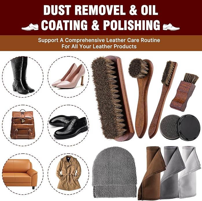 EFO SHM Shoe Shine Kit – 15-in-1 Leather Shoe Polish & Care Set with 4 Horsehair Brushes, Black Brown Neutral Wax, Mink Oil, 3 Cloths Shine Sponge Boot Care Cleaning Mens Gifts Luxury Leather Case