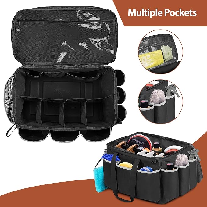 HODRANT Extra-Large Detailing Bag with Waterproof EVA Hard Bottom, Auto Detail Supplies Organizer for Polisher, Bottles & Detailing Kit, Car Care Tools Tote with Lid & Shoulder Strap, Patent Design